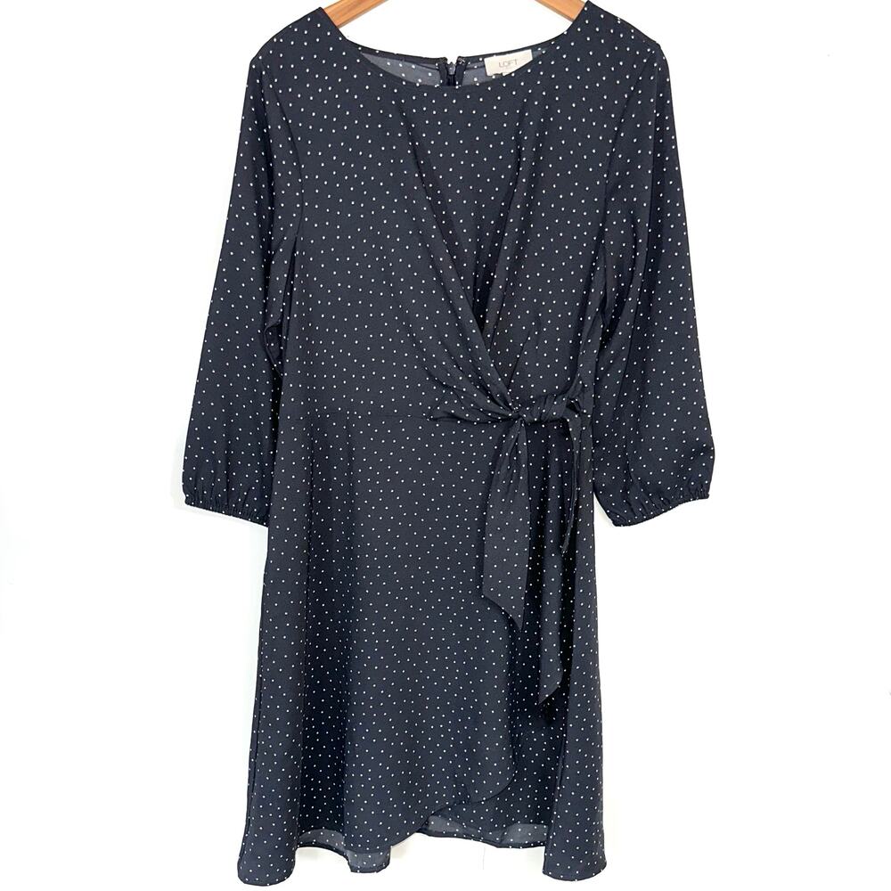 NWT Loft Outlet Grey & White Polka Dot Faux Wrap Mini Dress Size 10